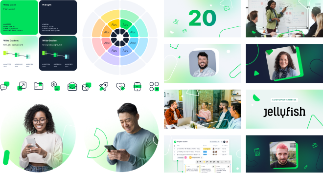 Collage of refreshed Wrike brand assets, templates, video frames, and campaign applications